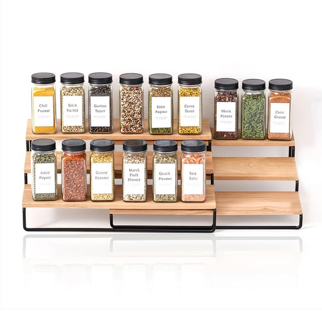 LIBKEN Tiered Spice Rack Organizer – Wood & Metal Countertop & Cabinet Spice Stand, Strong & Sturdy 3-Tier Shelf for Kitchen, Pantry, Seasoning Bottles – Minimal Scandinavian Design - Wood Brown