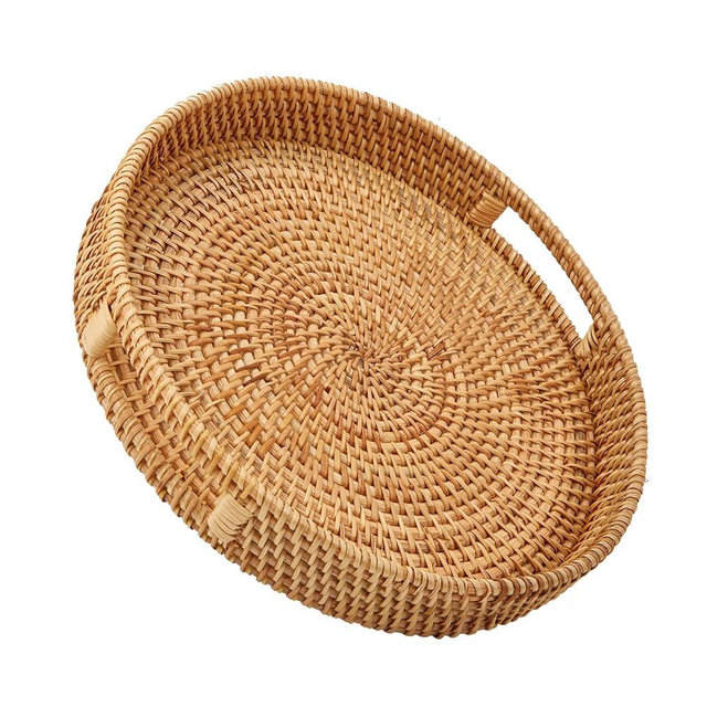 Whalehub Rattan Round Serving Tray with Handles, Hand Woven Basket, Home Decor Organizer Tray for Breakfast, Tea, Snack, Fruit, Coffee Storage (Medium)