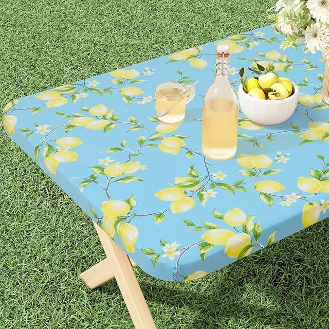misaya Rectangle Vinyl Tablecloth, Fitted Table Cover, 100% Waterproof, Elastic Edge, Flannel Backing, Plastic Table Cloth Fit 6 Foot Folding Tables for Picnic, Camping, Outdoor (Lemon, 30x72 inch)