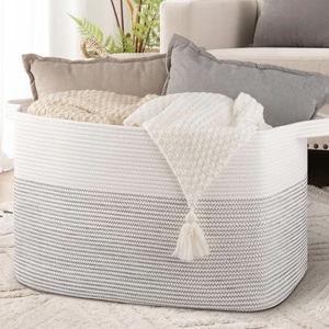 XXXL Large Blanket Basket, 108L Storage Basket, Cotton Rope Baskets for Living Room, Supre Large Toy Basket for Kids, Woven Basket for Clothes, Towels, Pillows, 25" x 16" x 16", Black and White