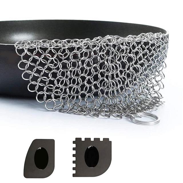 Cast Iron Cleaner Set 7” Circle Premium Stainless Steel Chainmail Scrubber Cast Iron Cleaning Kit Hot Handle Holder + Pan Scraper + Grill Scraper + Kitchen Towel (3 Pack)