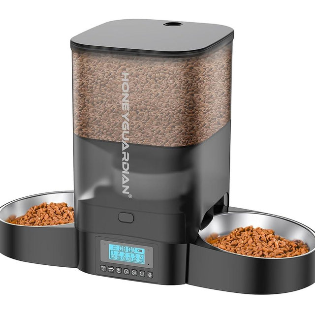 HoneyGuaridan 3.5L Automatic Cat Feeder for Two Cats, Cat Food Dispenser with Stainless Steel Bowl,Timed Cat Feeder Programmable 1-6 Meals Control, Dual Power Supply,10s Meal Call Black