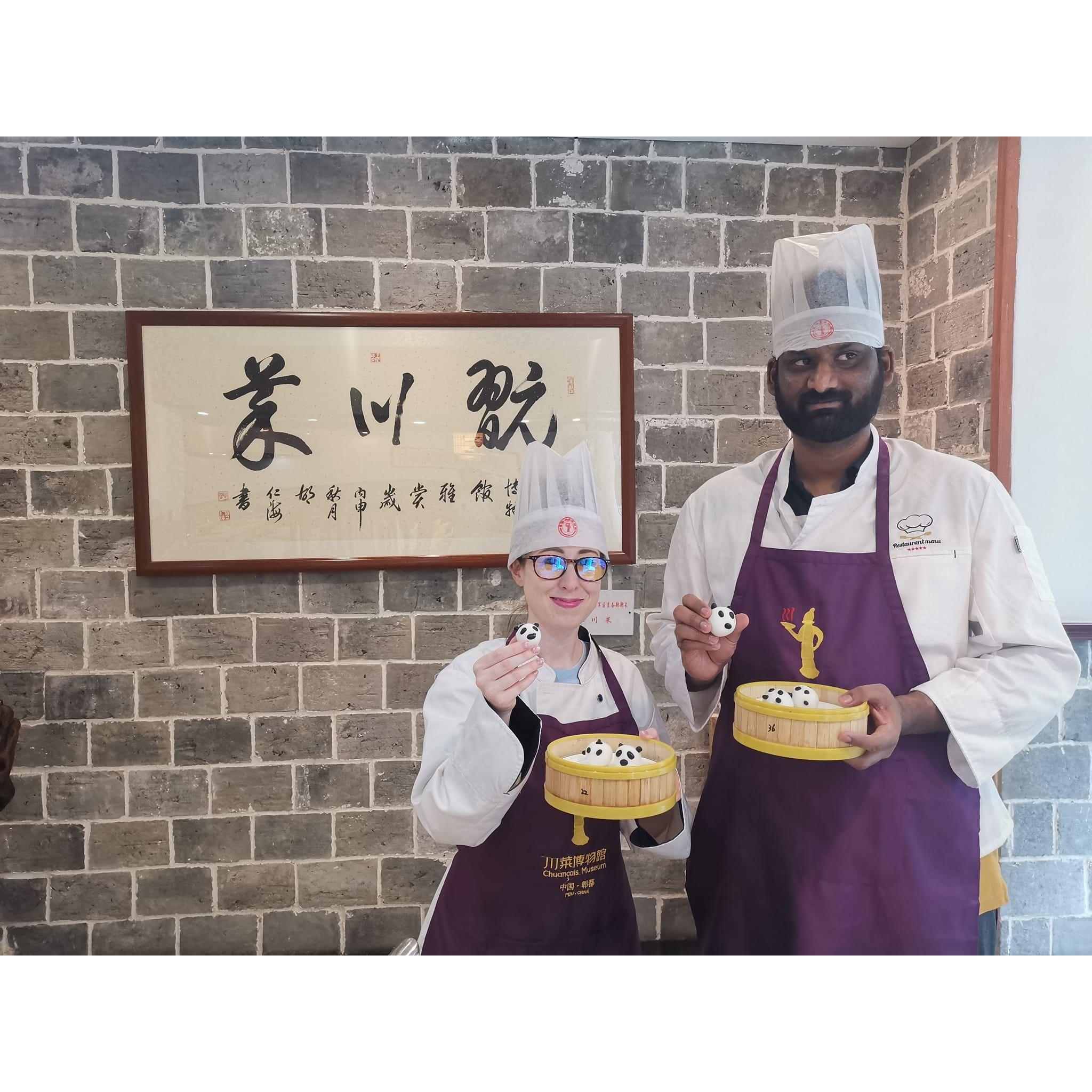 Raj and I at Sichuan style cooking class making panda buns :)