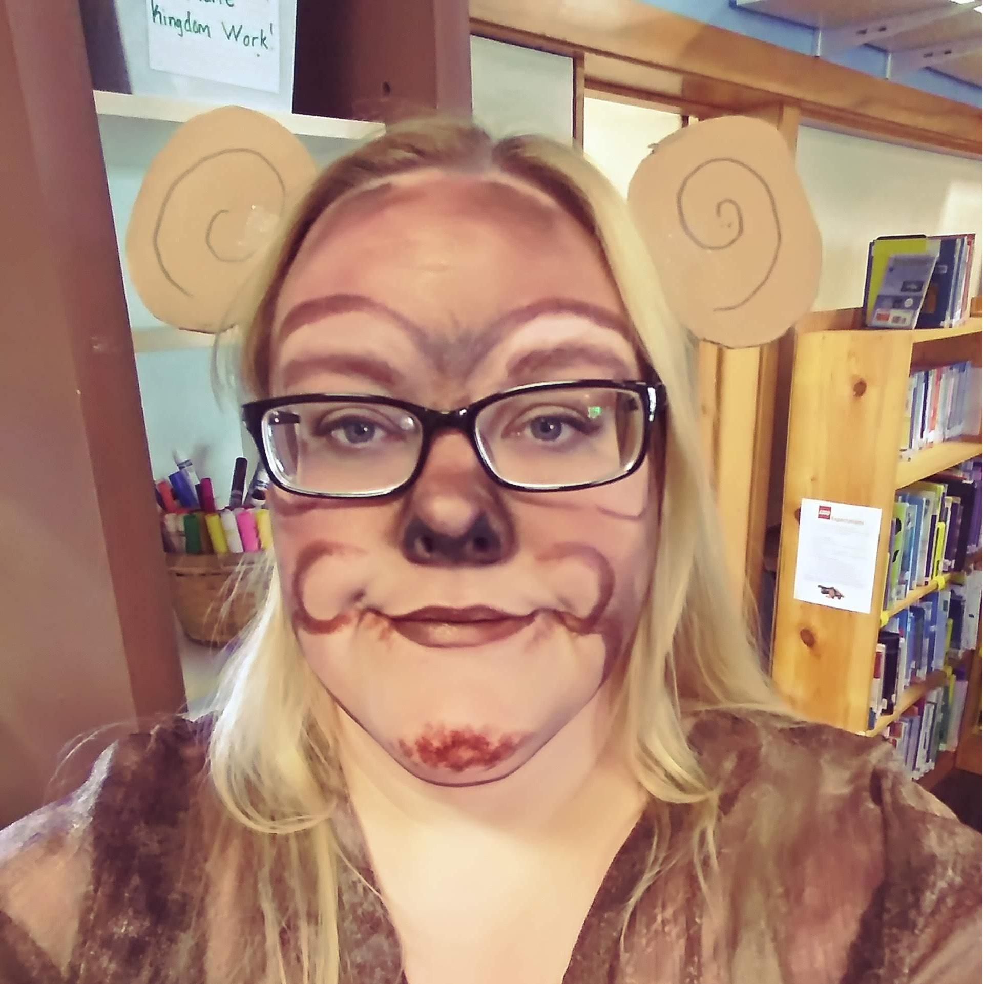 Terri as a monkey for dress like an animal day book fair week.