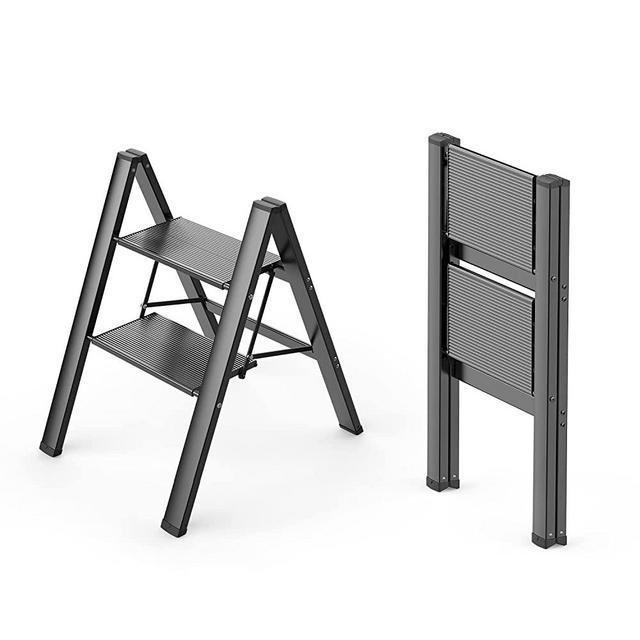 WOA WOA Step Ladder 2 Step Folding, Lightweight Portable 2 Step Ladder, Anti-Slip Aluminum Ladder, Stepladder for Household, Office, Library 300lbs - Black