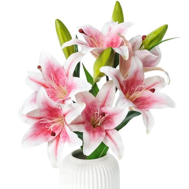 JINWOE 2 Pcs Artificial Lily Flowers, Long Stem 28" Artificial Pink Stargazer Lily with Total 6 Heads Full Bloom Lily 4 Lily Buds, Faux Tiger Lily for Home Hotel Flower Arrangement Decor