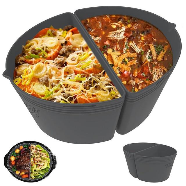 FROVEN Slow Cooker Divider 4-5 QT Compatible For Crock Pot Oval Shape, Reusable Slow Cooker Liners, Leakproof & Dishwasher Safe for all 4 Quart Cookers, Silicone Inserts for CrockPot Accessories Grey