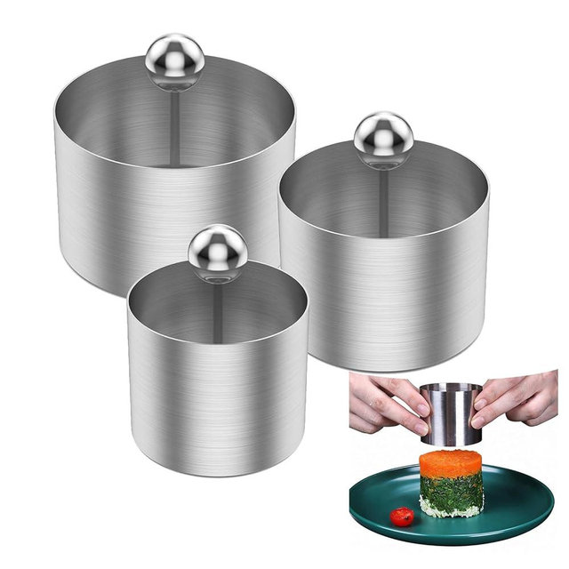 VOSAREA 3PCS Sushi Molds Onigiri Sushi Making Molds Stainless Steel Round Pastry Ring Cake Forming Rings with Pusher Food Presentation Rings Tuna Tartare Mold