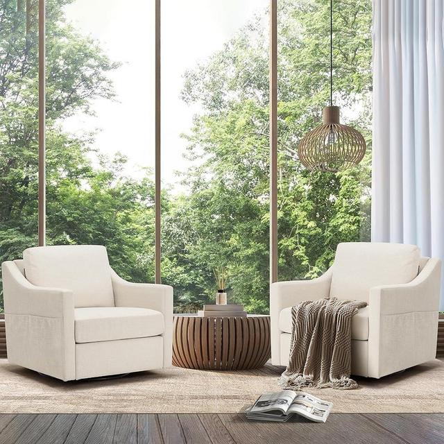 HOMREST Swivel Accent Chair Sets of 2, 360° Rotation Linen Fabric Armchair Modern Barrel Chairs with Lumbar Pillow for Reception Living Room Bedroom Home and Office,Beige
