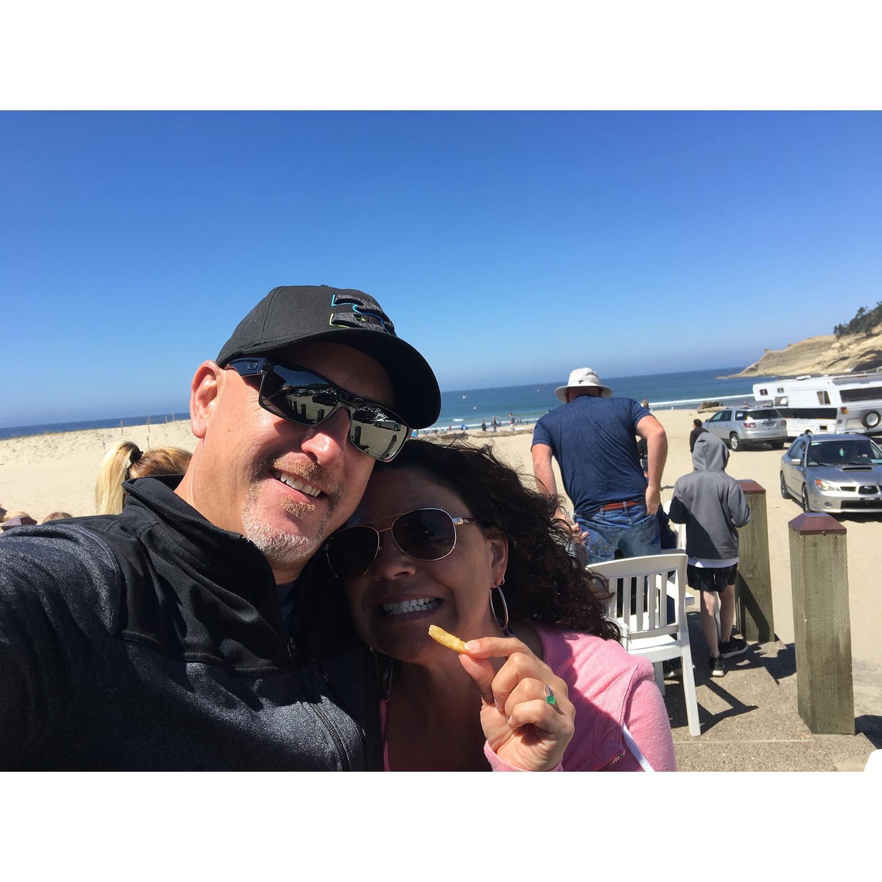 Hanging out at one of our favorite spots, Pacific City. Nothing like feet in the sand with an IPA at The Pelican.