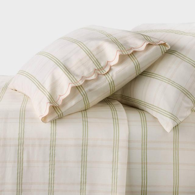 Full 300 Thread Count Scalloped Edge Plaid Sheet Set Cream/Green - Threshold™ designed with Studio McGee