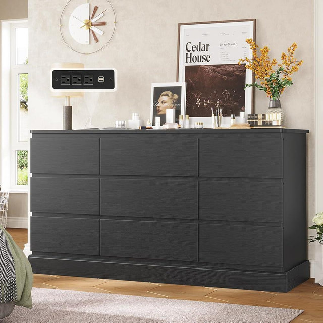 Hasuit Modern Black Bedroom Dresser with 9 Drawers, 61.4" Wide Dresser Chest of Drawers with Large Capacity Storage, Long Dresser TV Stand with Power Outlets, Sturdy Storage Cabinet for Living Room