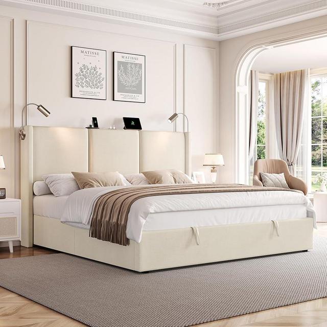 HOSTACK Queen Size Lift Up Storage Bed Frame with Charging Station, Modern Upholstered Platform Bed with Reading Light & Adjustable Wingback Headboard, Hydraulic Storage, No Spring Box Needed, Beige