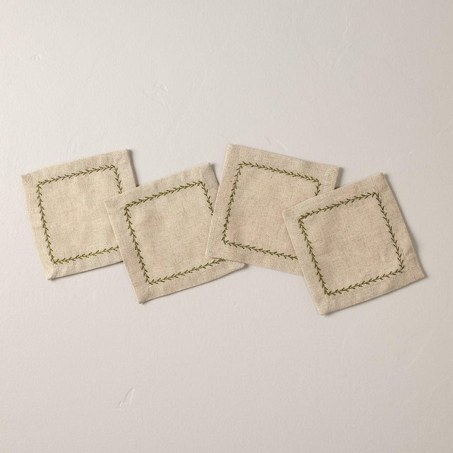 Set of 4 Embroidered Border Cloth Cocktail Napkins Natural/Green - Hearth & Hand™ with Magnolia