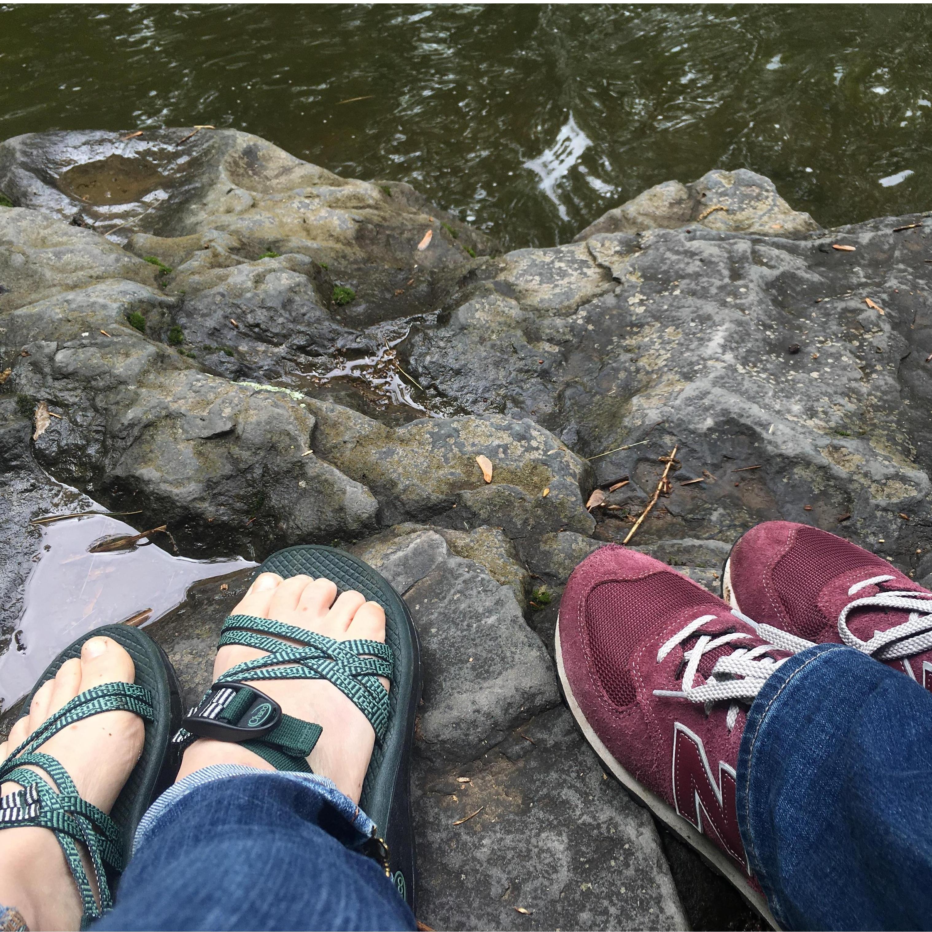 Lisa wears Chacos. Beth wears New Balance.