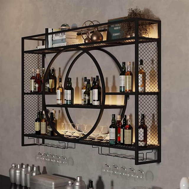 Liquor Bottles Bar Shelves Wall Mounted with LED Lighting Glass Holder, Wine Rack 3-Tiers Display Storage Organizer Hanging Long Stemware Goblet Metal for Home Cellar Black 55in