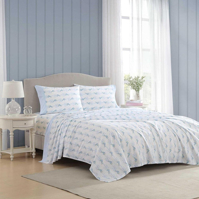 Laura Ashley – Queen Size Sheet Set, Crisp & Lightweight Cotton Percale Bedding with Fitted Sheet and Pillowcases, Floral Room Decor, Deep Pocket, College Dorm Room Essentials (Floral Ribbon Blue)