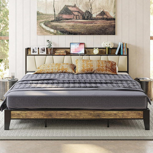 LIKIMIO King Bed Frame, Storage Headboard with Charging Station, Solid and Stable, Noise Free, No Box Spring Needed, Easy Assembly (Walnut and Beige)