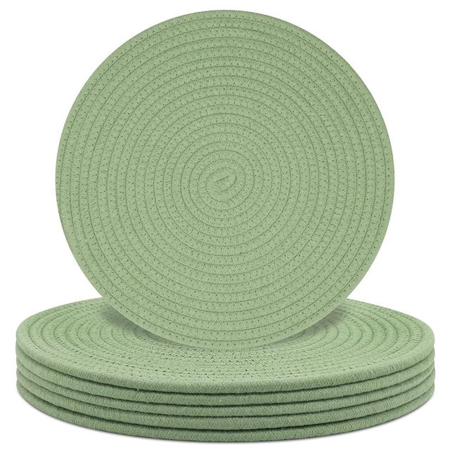 Round Placemats Set of 6, Cotton Rope Woven Table Mats, Hot Pads for Kitchen, Non Slip Heat Resistant Place Mats, 13 Inches Braided Placemat for Farmhouse Decor and Kitchen Table Decor (Green)