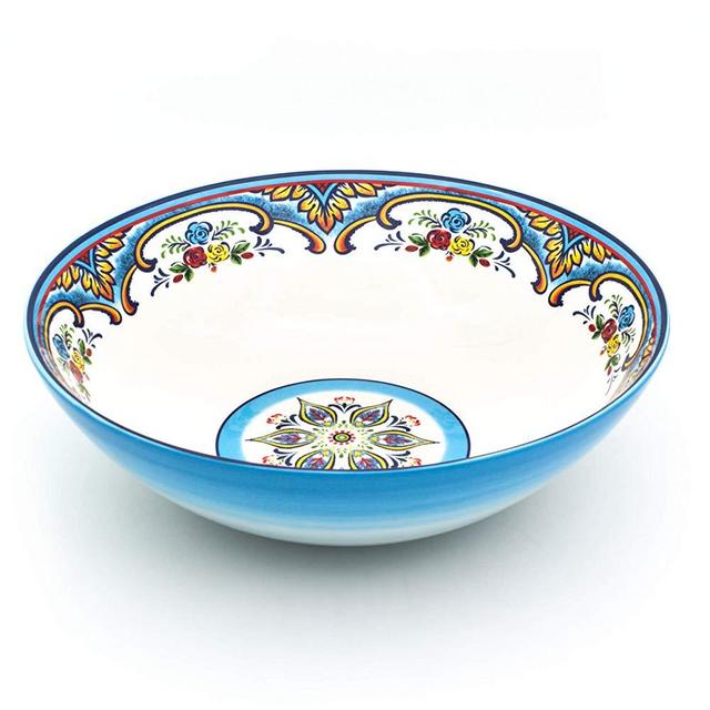 EuroCeramica YB-ZB-1013 Zanzibar Serving Bowl Servingware, 12-Inch, Spanish Floral Design, Multicolor