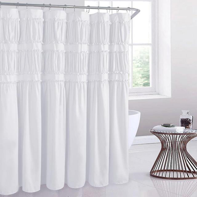 Homechoice Decor Elegant Ruffle White Shower Curtain 72" x 72", Ruched Microfiber Vintage Rustic Bath Curtain for Bathroom, Boho Farmhouse Bathroom Decor, Durable and Fade Resistant (LQ-38)