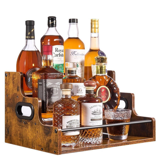 YQBRAO 3-Tier Liquor Bottle Display Shelf - Holds up to 12 Bottles, Rustic Wood Bar Shelves for The Home Bar, Countertop Whiskey and Bourbon Organizer with Anti-Slip Pads