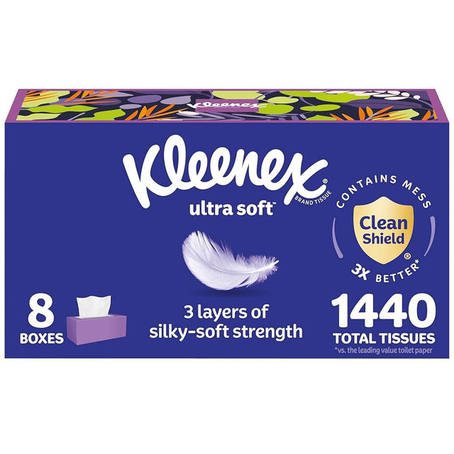 Kleenex Ultra Soft Facial Tissues, 8 Flat Boxes, 180 Tissues per Box, 3-Ply, Packaging May Vary