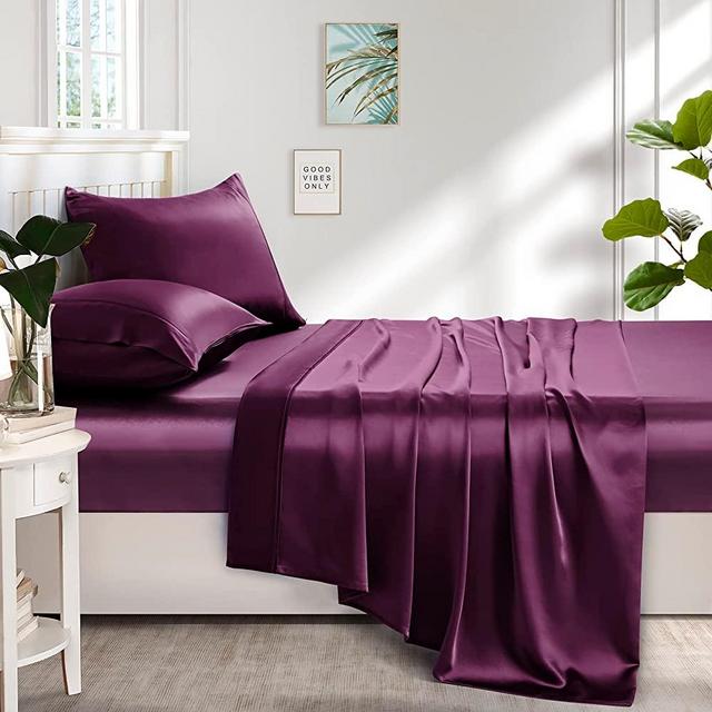 Lanest Housing Satin Sheets King Size Sets, Silky Soft Fade Resistant Bed Sheets with 1 24'' Extra Deep Pocket Fitted Sheet, 1 Flat Sheet, 2 Pillowcases(Purple, King)