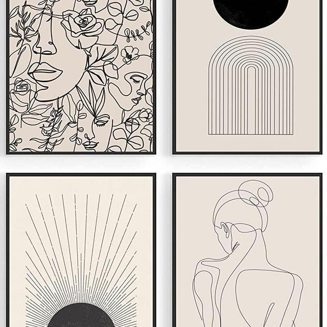 Minimalist Boho Wall Art Prints, Abstract Wall Art Black Beige Sunrise Women Line Wall Decor, Mid-Century Modern Art Print, Neutral Geometric Canvas Artwork Posters for Living Room, Bedroom, Bathroom, Gallery, Boho Room Decor -11"x14", Unframed (11x14 inch-unframed, Minimalist boho)