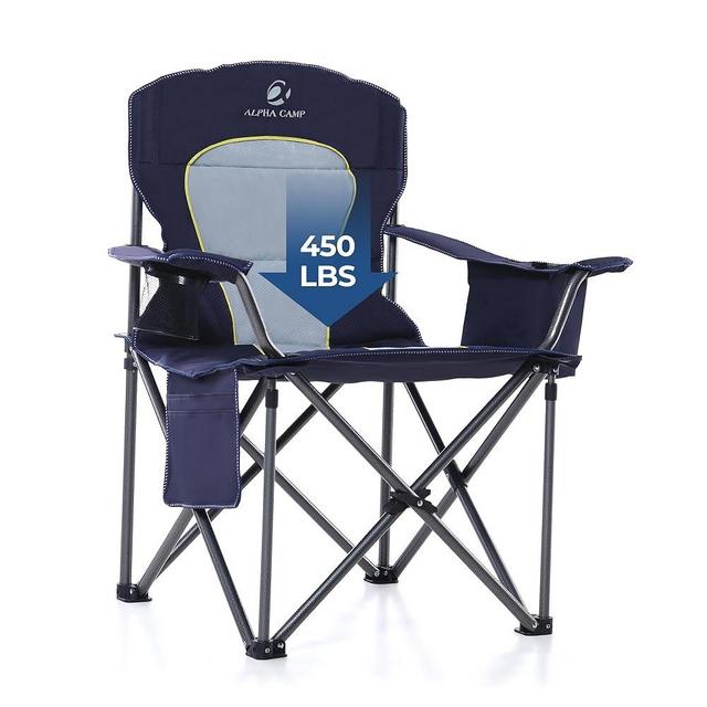 2 Pack Oversized Folding Camping Chairs High Back Heavy Duty Padded Lawn Chair for Adults Support up to 450lbs with Cup Holder, Side Pocket Cooler Bag, Blue