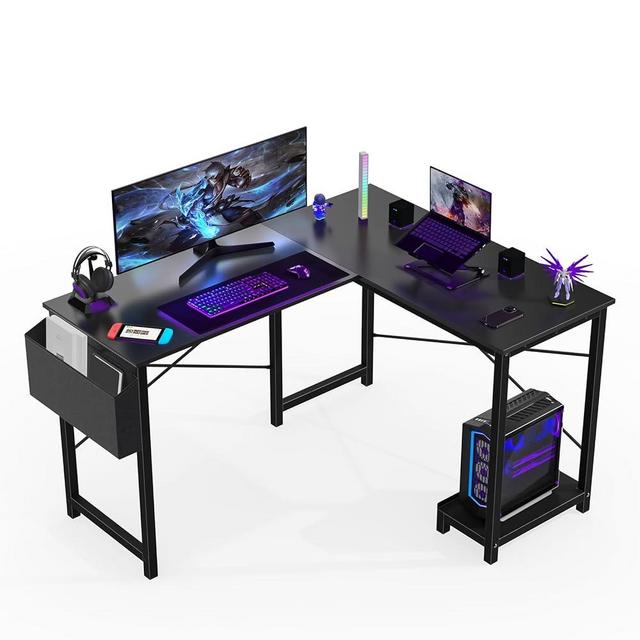 Sweetcrispy L Shaped Computer Desk - Gaming Table Corner Desk 50 Inch PC Writing Black Desk Study Desks with Wooden Desktop CPU Stand Side Bag Reversible for Home Office Dorm Small Space