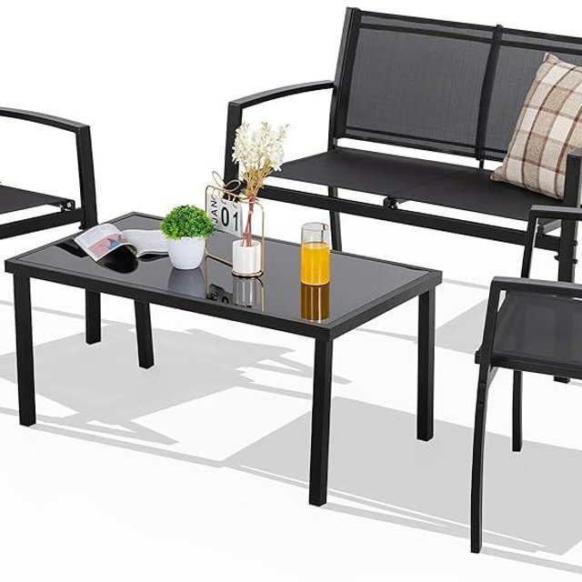 Shintenchi 4 Pieces Patio Furniture Set All Weather Textile Fabric Outdoor Conversation Set, with Glass Coffee Table, Loveseat, 2 Single Chairs for Home, Garden, Lawn, Porch（Black）