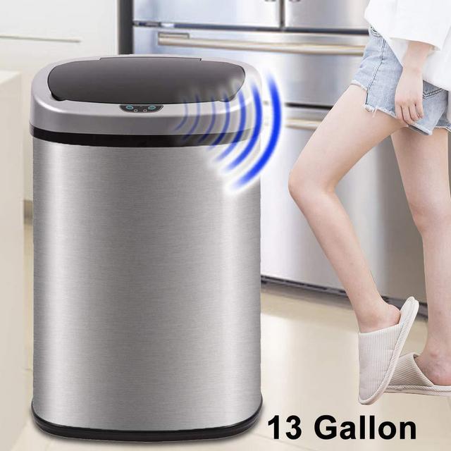 Dkeli Kitchen Trash Can for Bathroom Bedroom Home Office Automatic Touch Free High-Capacity Garbage Can with Lid Brushed Stainless Steel Waste Bin 13 Gallon / 50L