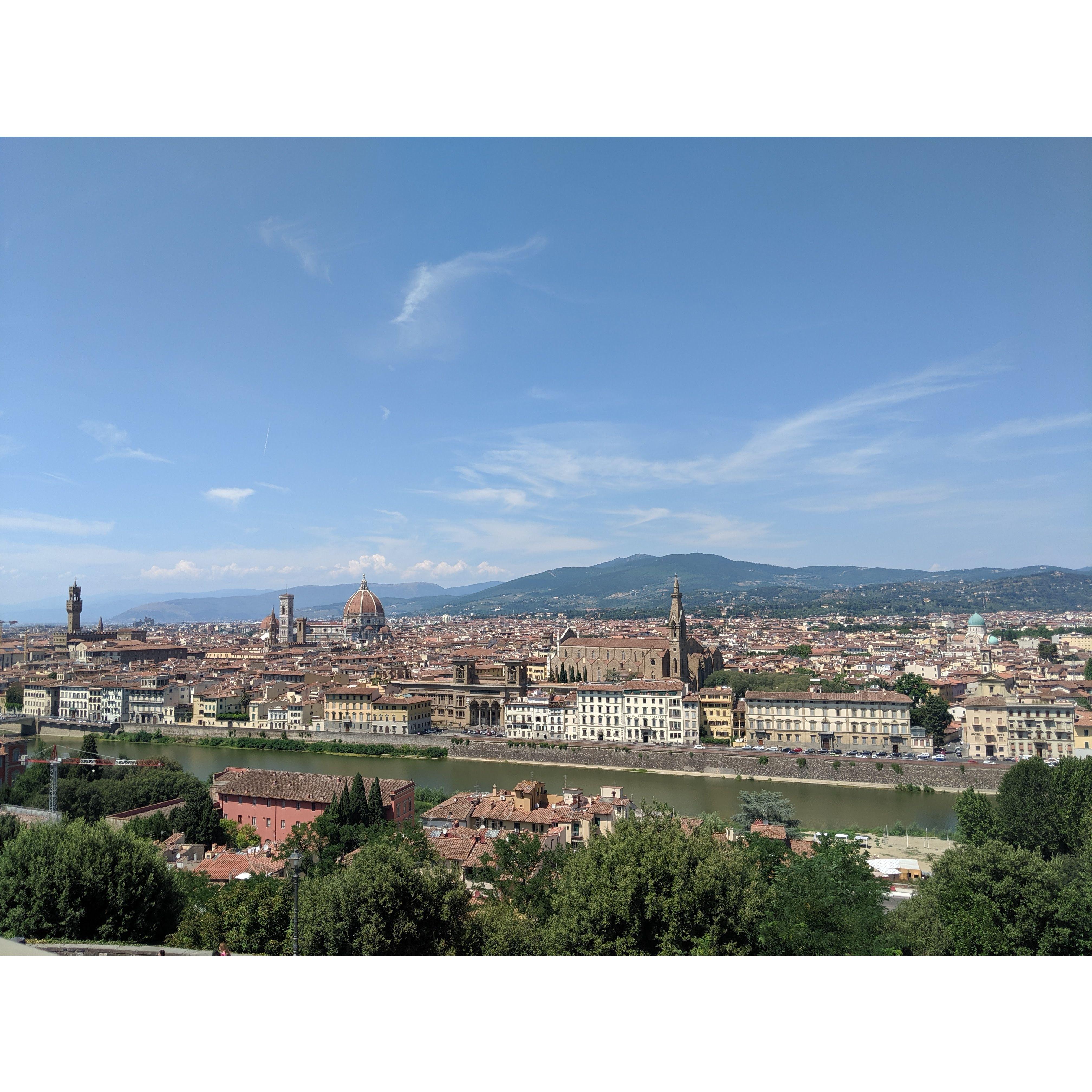 View of Florence, Italy from the Piazza Michelangelo. July 2019.