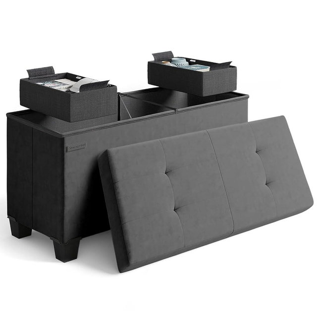 STORAGEBUD Storage Ottoman Bench with Bins, 30-in Storage Bench for Bedroom End of Bed, Folding Foot Rest Ottoman for Living Room Max 660lbs, Velvet Ottomans, Grey