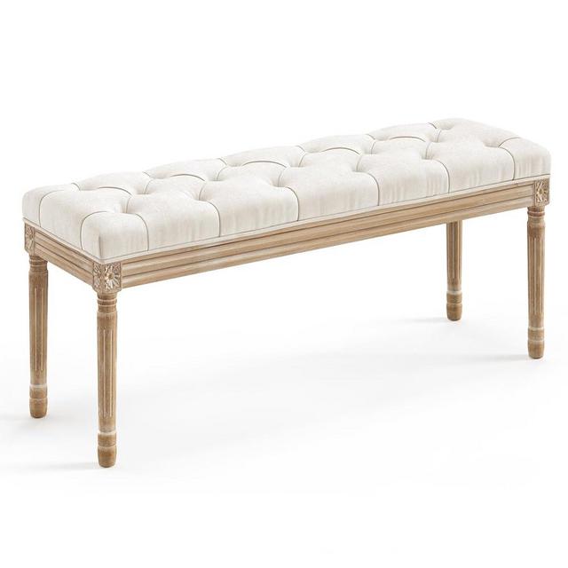 LUE BONA 44" Bedroom Bench, Vintage French Tufted End of Bed Bench, Upholstered Fabric Ottoman Bench with Carved Wood Color Legs for Bedroom,Dining Bench Piano Stool for Living Room,Foyer, Beige