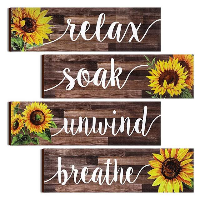 Jetec 4 Pieces Bathroom Wall Decor Signs Relax Soak Unwind Breathe Signs Sunflower Bathroom Wall Art Rustic Bathroom Wooden Signs Sunflower Wooden Wall Plaque Vintage Wooden Decor for Home (Brown)