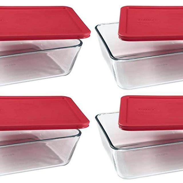 PYREX Containers Simply Store 6-cup Rectangular Glass Food Storage Red Plastic Covers ... (Pack of 4 Containers)