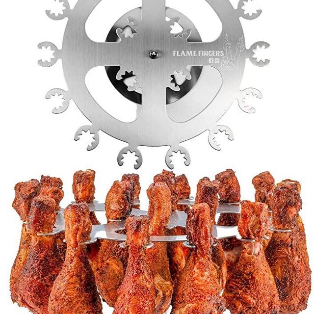 Flame Fingers XL Chicken Grill Rack - Holds 18 Legs, Wings, Thighs, Lollipops or Turkey Drumsticks. Stainless Rotating Design for use on Grills BBQ's Smokers Ovens