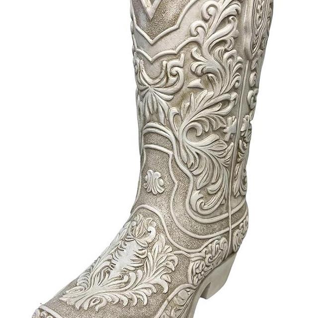 Cowgirl Boot Flower Vase – 9” Tall Antique White Finish with Intricate Tooled Leather Detailing - Decorative Western Cowboy Modern Rustic Decor
