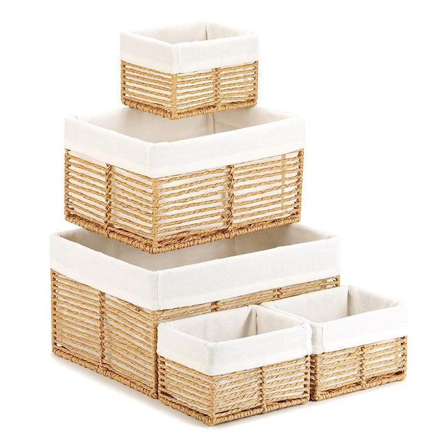 Vagusicc Wicker Storage Basket, Hand-Woven Paper Rope Wicker Baskets, Rectangular Small Wicker Baskets for Organizing, Cube Storage Bins for Closet/Clothes/Dresser, Natural, 5-Pack