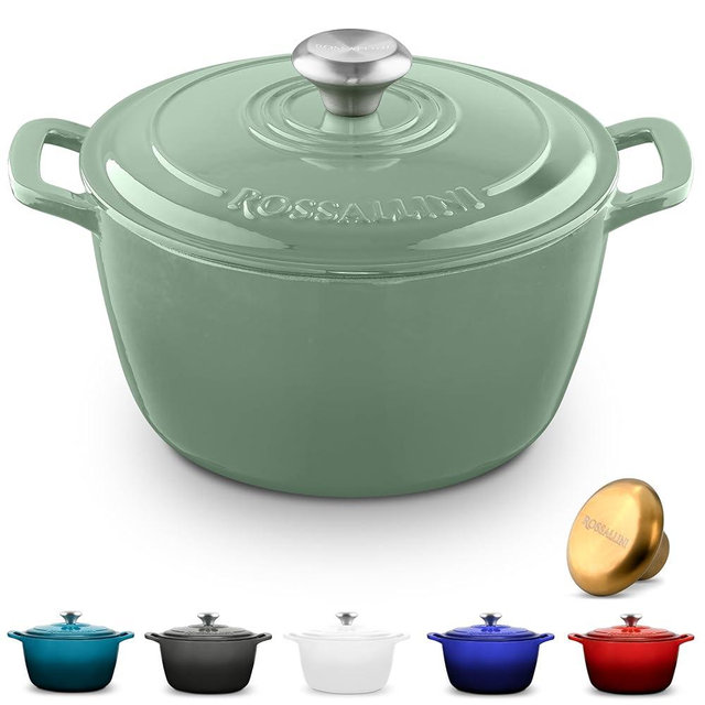 ROSSALLINI Signature Enameled Cast Iron Dutch Oven, Non-Stick Serving Pot with Tight Fitting Lid for Perfect Roasting, Baking, Sauteing, and Bread Making | 5.5Q (5.2L) - Sage