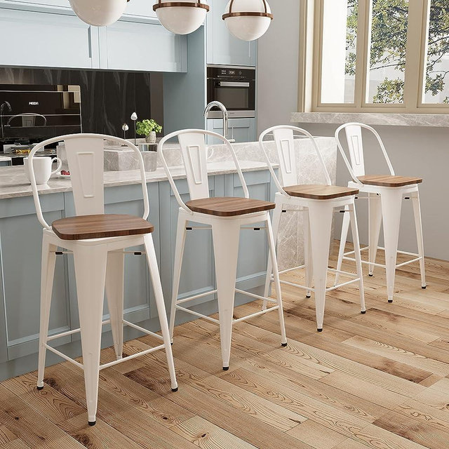 Aklaus Swivel Metal Bar Stools with Backs Counter Stools Set of 4 Counter Height Stools High Back Bar Chairs 26 Inch Bar Stools Farmhouse White Cream Barstools