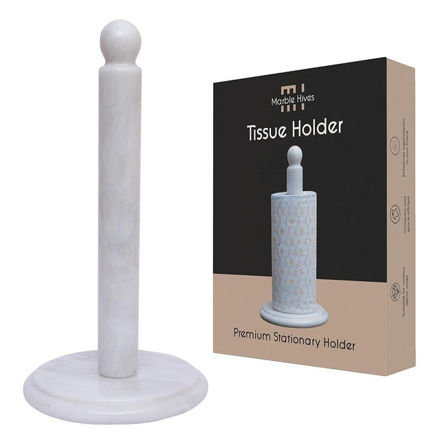 Marble Kitchen Paper Towel Rack Holder Handmade Paper Roll Holder with Stand Non-Slip - Wrapping Paper Holder for Kitchen Countertop, Cabinet & Bathrooms - Hand Towel Rack Standup Holder (White)