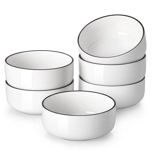 MALACASA 24 OZ Cereal Bowls, Porcelain Soup Oatmeal Bowls Set of 6 White Kitchen Ceramic Serving Bowls wtih Black Rim Dishwasher Microwave Oven Safe, White, Series LUNA