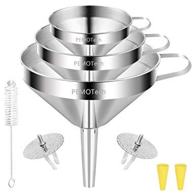 Funnels (6 in 1),PEMOTech Large Stainless Steel Funnel Set 3 Pack (4.1Inch/ 5.0 Inch/ 5.7 Inch) with 2 Pack Removable Strainer for Transferring Liquid, Fluid and Dry Ingredients,Bonus A Cleaning Brush