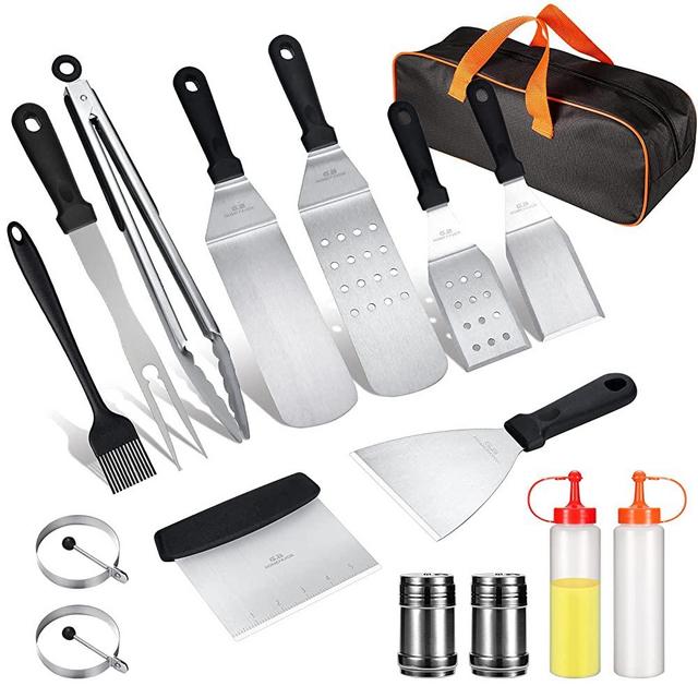 Merysen 16PCS Griddle Accessories, Flat Top Grill Accessories Kit for Outdoor Barbecue Camping Cooking, Professional Grill BBQ Spatula Set with Carrying Bag, Spatula, Scraper, Bottle, Tongs, Egg Ring