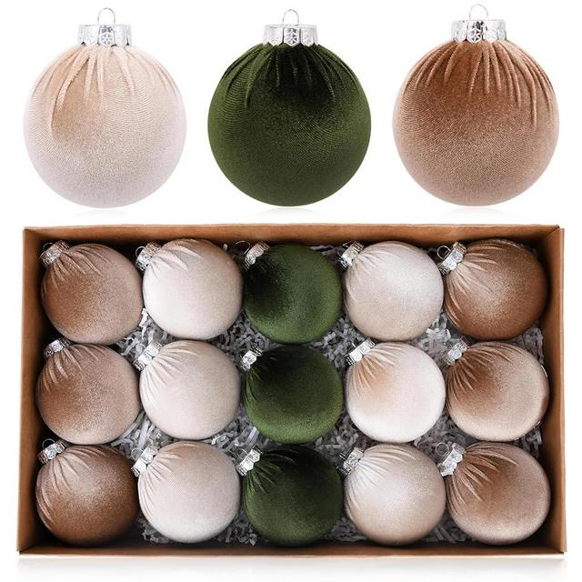 Christmas Tree Ornaments Velvet Balls - Pack of 15pcs Shatterproof Xmas Bulbs Decorations Set - Multicolor Green Brown Neutral, 80mm 3.15 inch