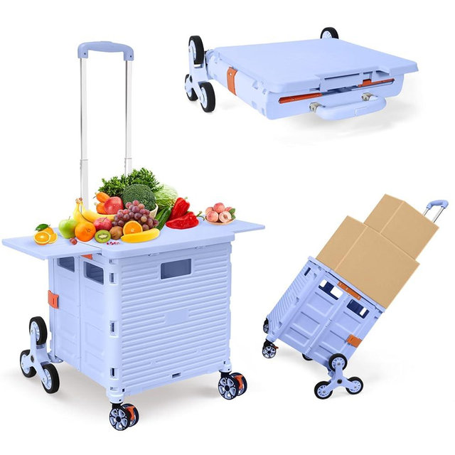 Foldable Utility Cart Folding Portable Rolling Crate with Magnetic Extended Lid,360°Rotate Wheels,176LBS Load Capacity,Heavy Duty Durable Dolly Cart(Blue)