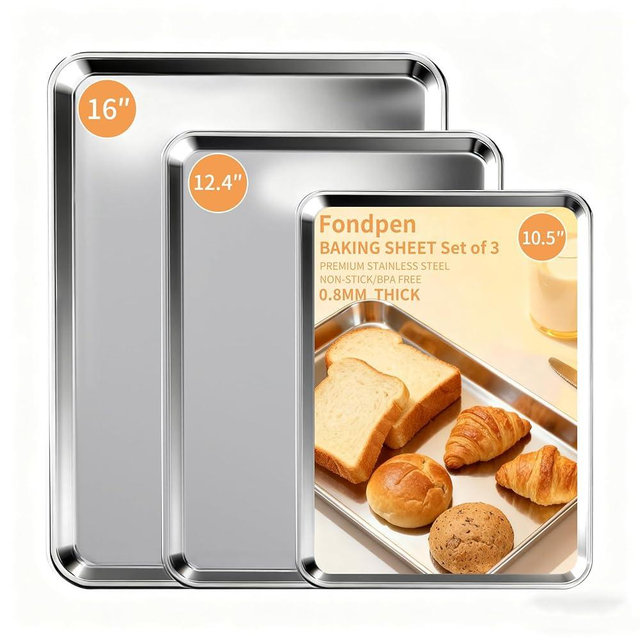 Baking Sheet Set of 3, Stainless Steel Cookie Sheets Baking Sheet Pan, 10.5/12.4/16 Inch, Thicker and Firmer Baking Pans Set, Non-stick, Non toxic & Heavy Duty & Easy Clean，Dishwasher Safe